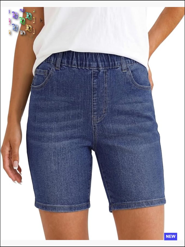 Pull On Denim Shorts For Women Mid Rise 7" Inseam Stretchy Casual Jorts